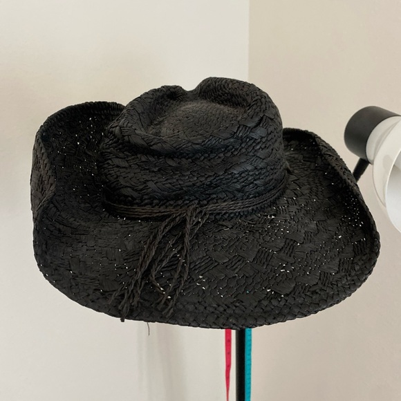 Conner Hats Black Raffia Cowboy Hat Turquoise Concho Band Women’s